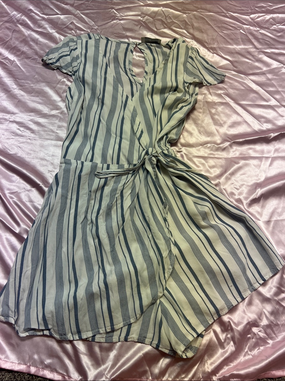 Striped Wrap Mini Dress in Light Blue and White